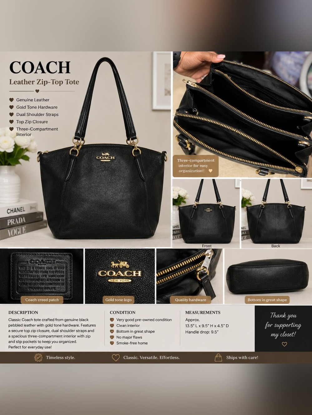 🖤 Coach Black Leather Triple Compartment Tote 🖤